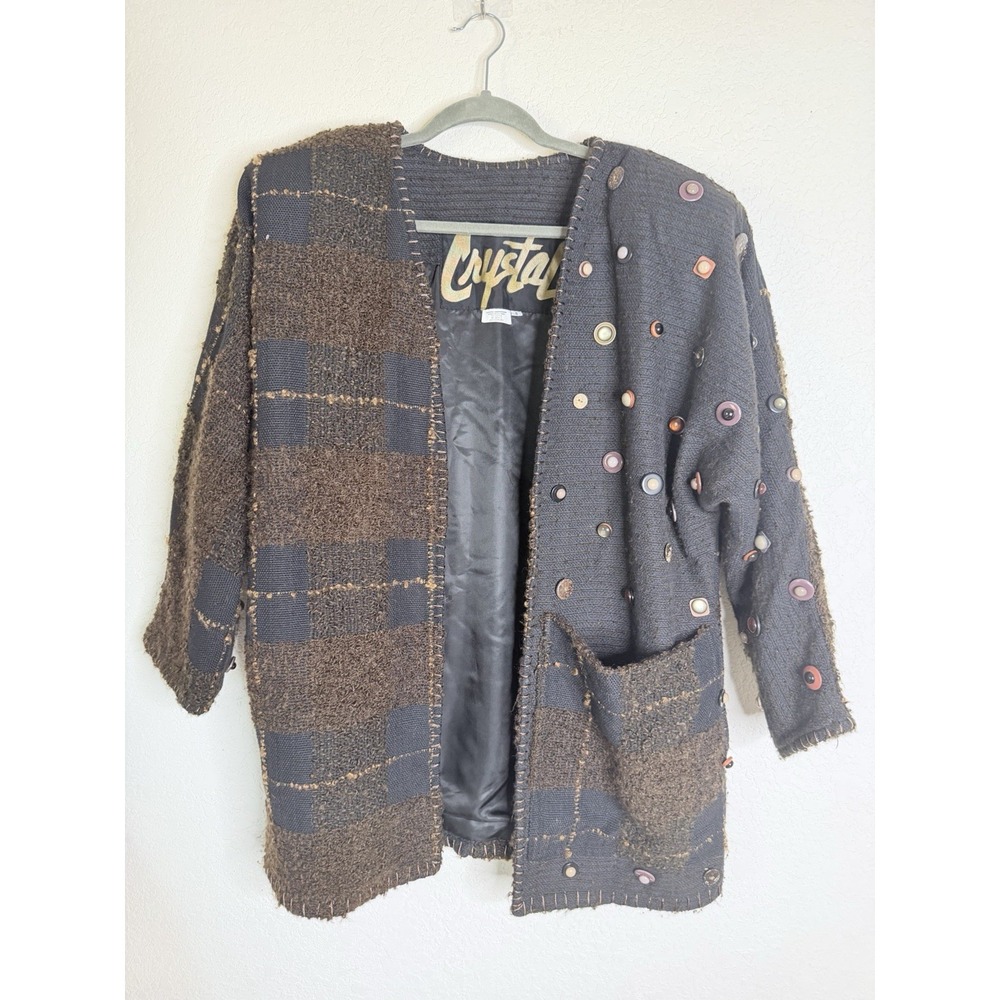 Crystal Handwoven Womens S Brown Patchwork Cardigan Jacket Button Embellished